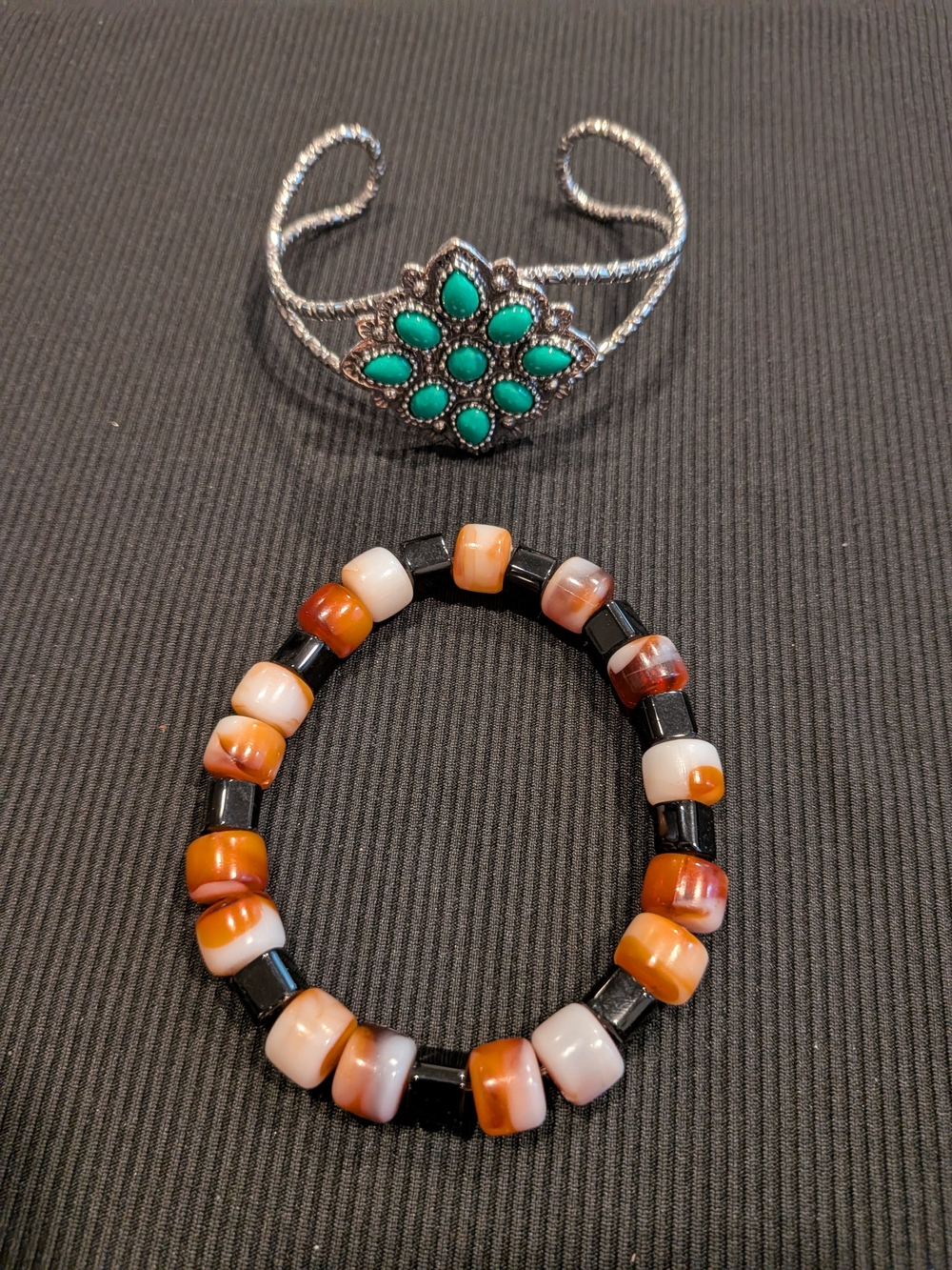 #1: Green Floral Silver Cuff & Orange Bead Bracelet Set Of 2